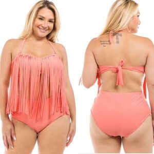 Plus Size Fringe Halter Bikini Set in Coral